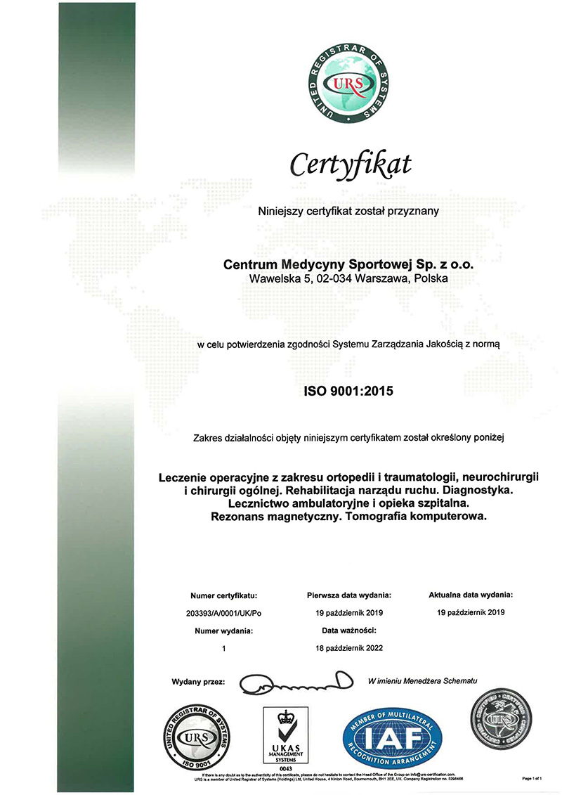 Centrum Medycyny Sportowej Sp. z o.o. pomyślnie przeszło re-certyfikację Systemu Zarządzania Jakością ISO 9001:2015