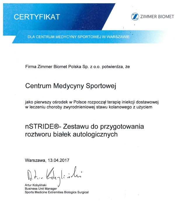 CMS jako pierwszy ośrodek w Polsce rozpoczął stosowanie terapii iniekcji dostawowej nStride