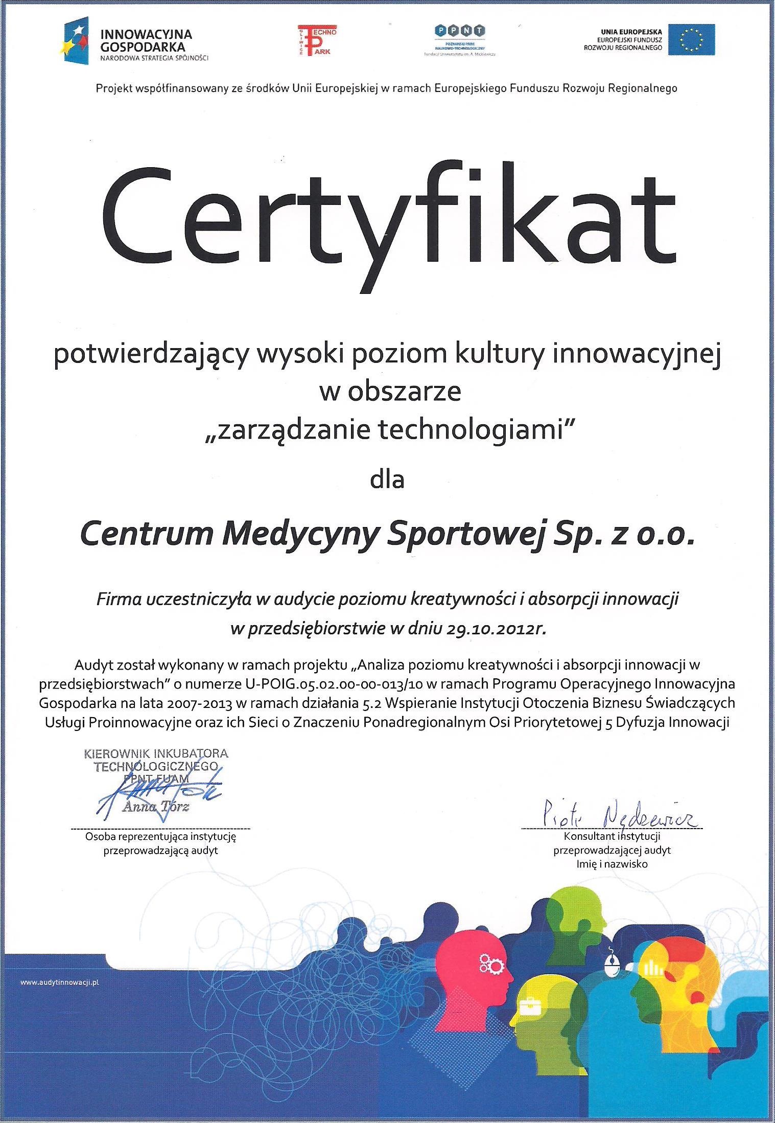 CERTYFIKAT INNOWACYJNOŚCI DLA CMS